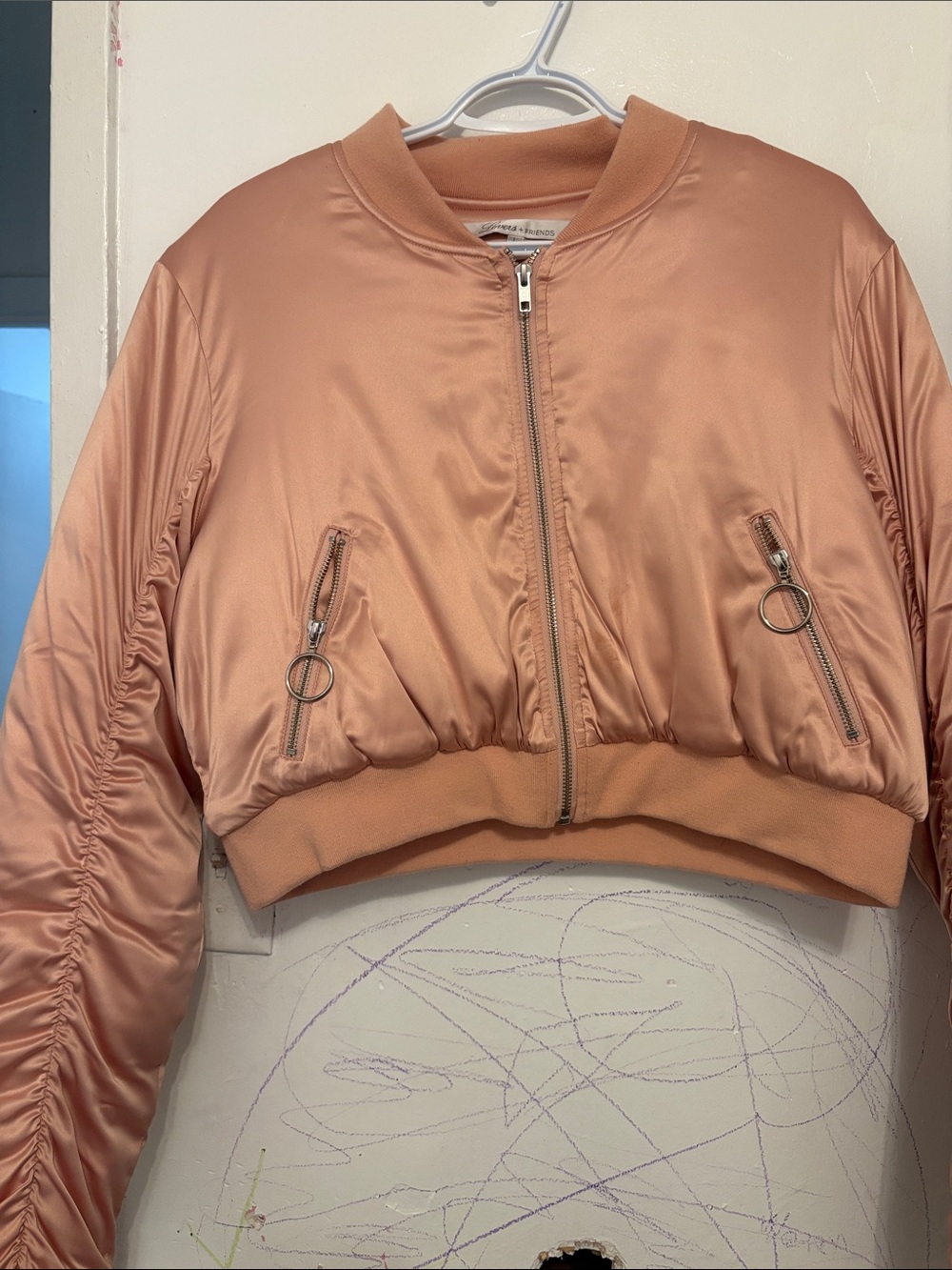 Lovers + Friends Satin Cropped Bomber Jacket - Peachy Pink